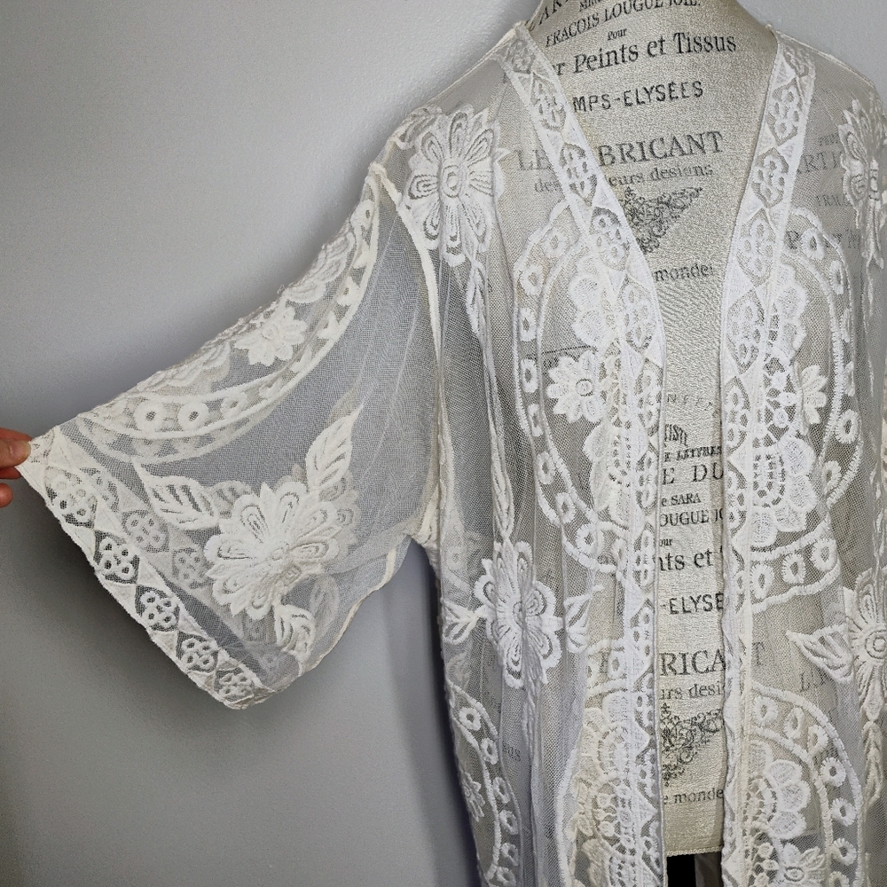 Sheer Floral Embroidered Duster Kimono Womens XXL XXXL Ivory Boho Festival - Picture 2 of 9